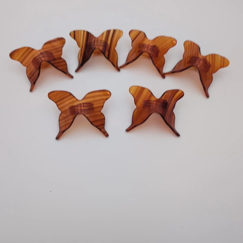 Vintage Acrylic Butterfly Napkin Rings Set 6 Amber Tortoiseshell Retro MCM